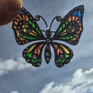 Rare Genuine Plique-à-jour 925 Sterling Silver Butterfly Brooch w/ Rhinestones